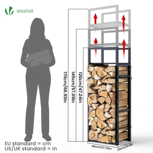 Porte bûche vertical télescopique avec étagère 45x32x170cm – Image 3